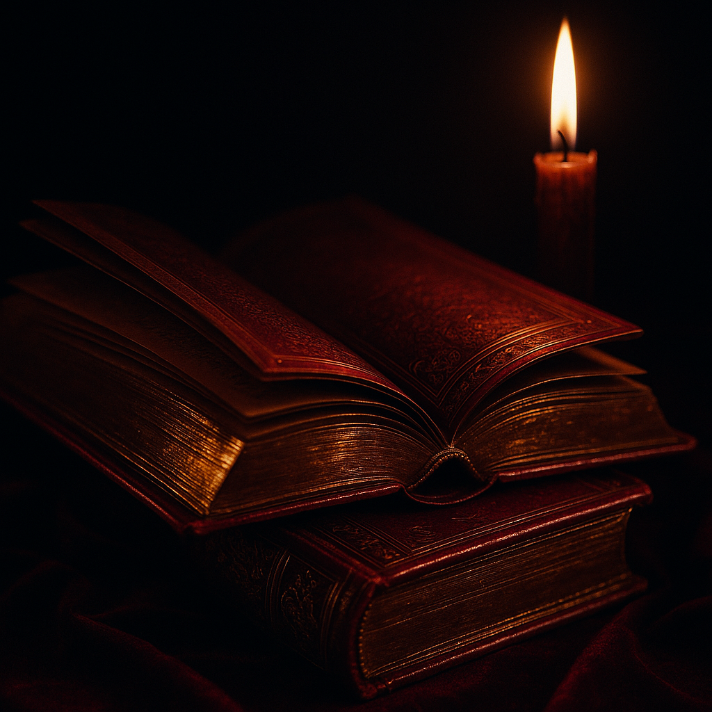 Ancient red leather book by candlelight