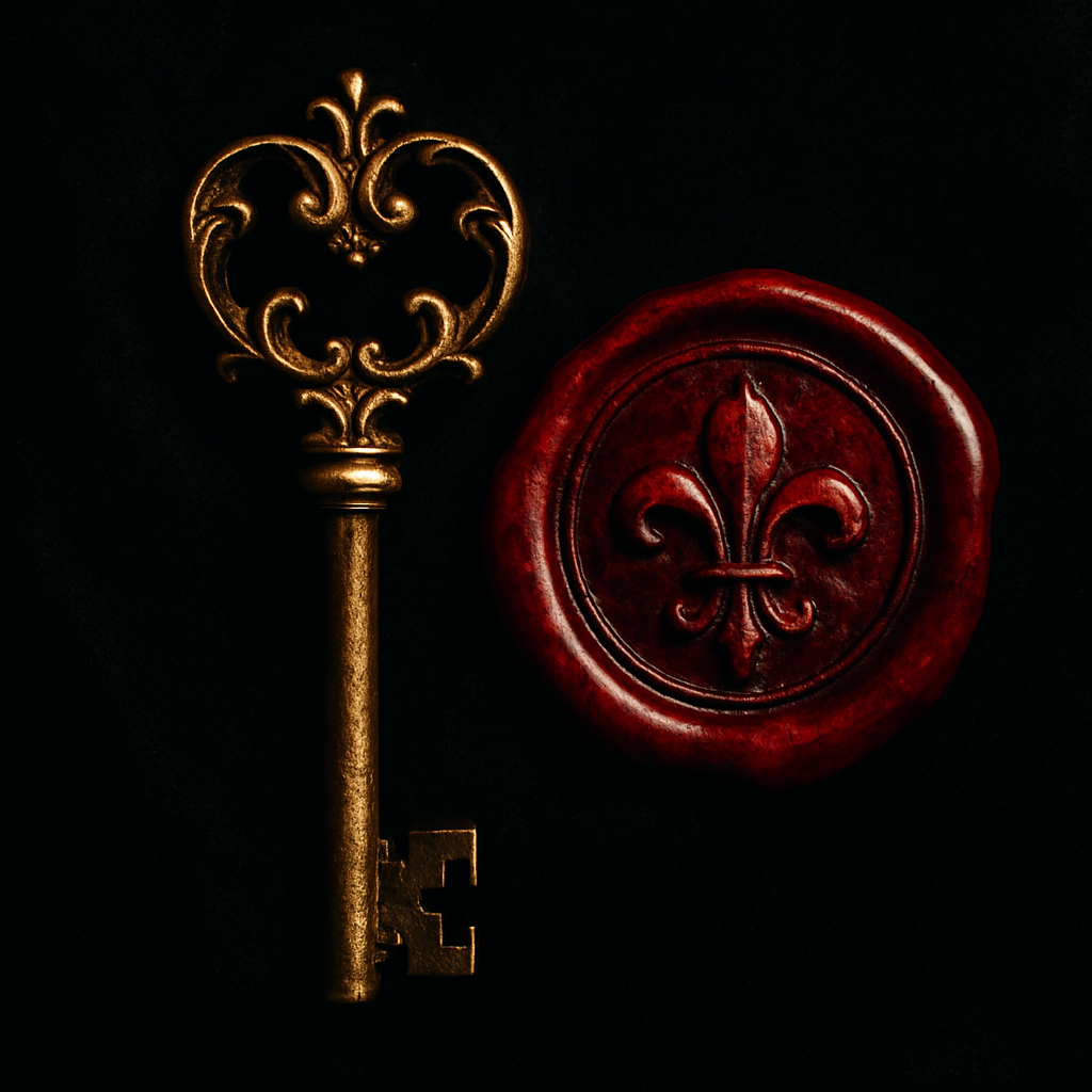 Ornate gold key and crimson wax seal