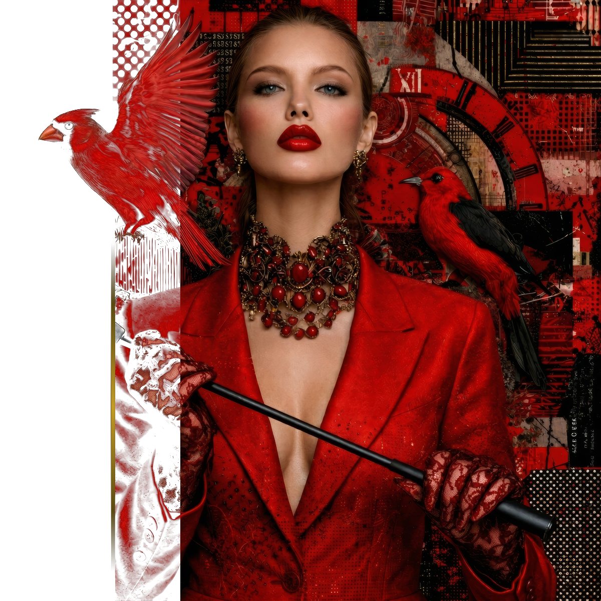 Dramatic editorial collage: a woman in red with cardinal birds
